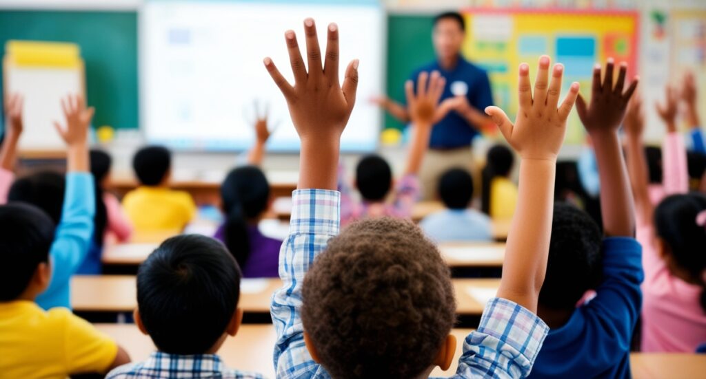Kinder in einem Klassenraum heben die Hände, im Hintergrund sieht man verschwommen die Lehrkraft