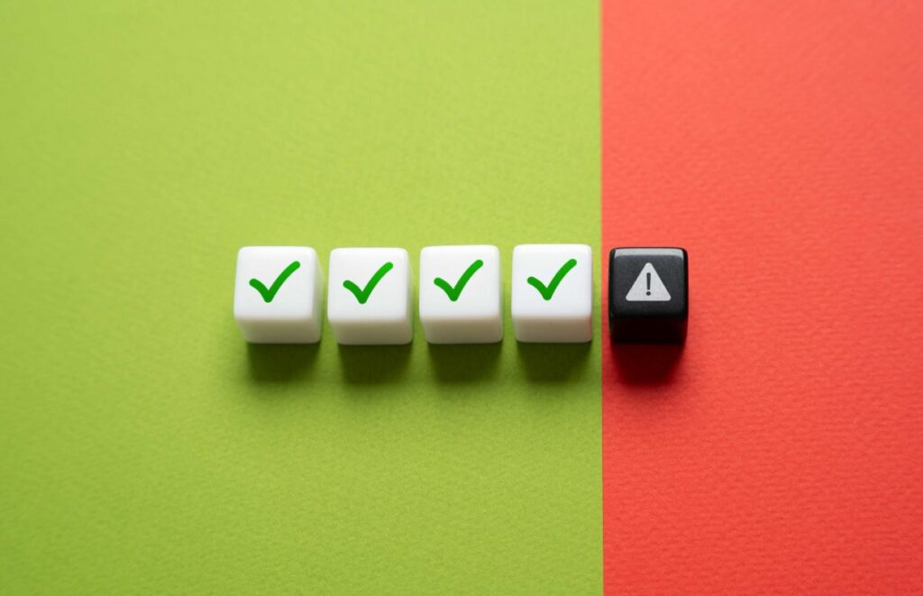 Fünf Würfel. Die vier linken Würfel zeigen einen grünen Haken und liegen auf einem grünen Hintergrund. Der rechte Würfel zeigt ein Warn-Symbol und liegt vor einem roten Hintergrund.