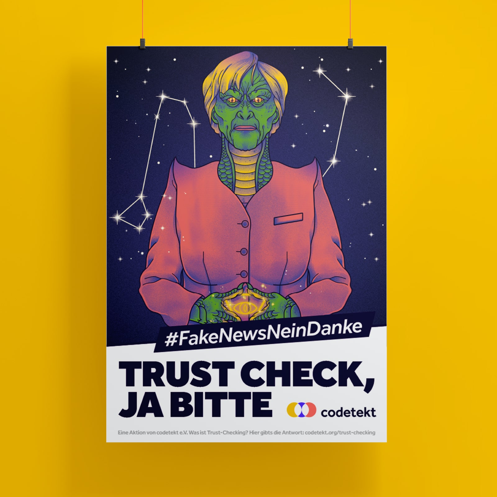 Plakatkampagne #fakenewsneindanke, Beispiel Merkel Reptiloid